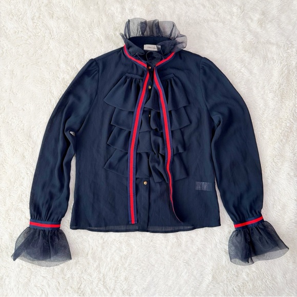 Elegant Navy Ruffle Blouse - Picture 5 of 10